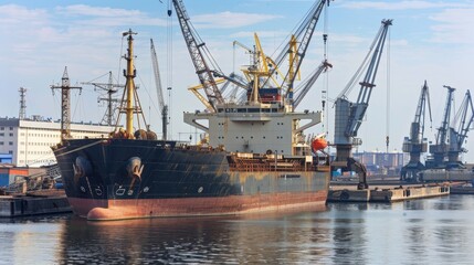 Fototapeta premium Large cargo ship anchored in harbor during port strike, surrounded by empty docks and cranes, symbolizing halted operations and economic impact.