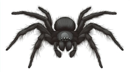 Black spider with eight legs, hairy body, and eight eyes isolated on white background.