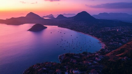 Breathtaking aerial view of a coastal city at sunrise with mountains in the background, boats in the bay, and a pink and purple sky.