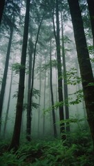 Obraz premium Foggy Forest with Tall, Thin Coniferous Trees and Lush Green Foliage