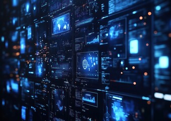 Obraz premium Futuristic Digital Data Panels with Glowing Blue Interfaces