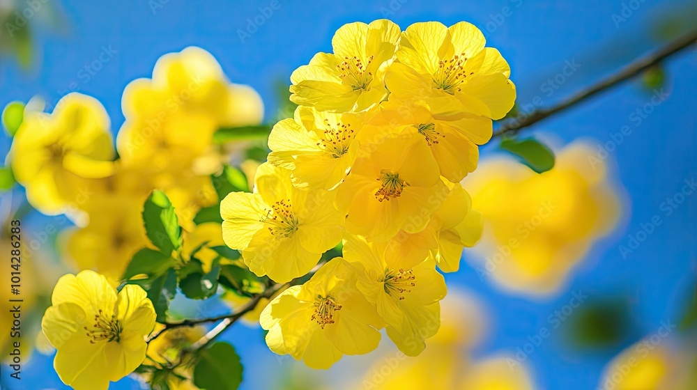 Poster Close-up of a cluster of vibrant yellow flowers blooming on a branch against a bright blue sky.