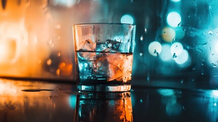 A Glass of Ice Water with City Lights in the Background