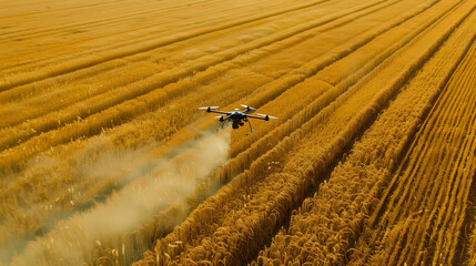 Obraz premium A drone glides over golden wheat fields, spraying crops under a bright blue sky during harvest season