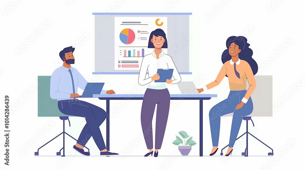 Poster team collaboration in a modern office setting during a business meeting discussing data analysis and