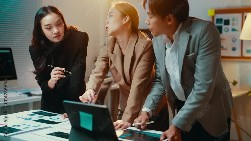 Poster diverse team of business professionals collaborates around a touchscreen table, reviewing data and s