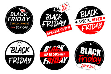 Black Friday Circle sale icon for advertising and promotion. Six modern black friday labels. Marketing labels vector design set