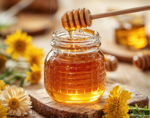 Honey dripping into glass jar on wooden table