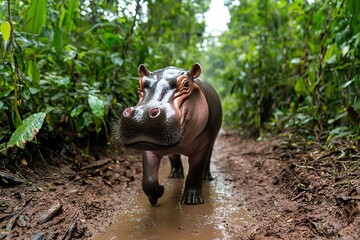 Fototapeta premium Pygmy Hippopotamus walking along a muddy trail, with dense rainforest foliage surrounding it, in a rich green and brown color palette