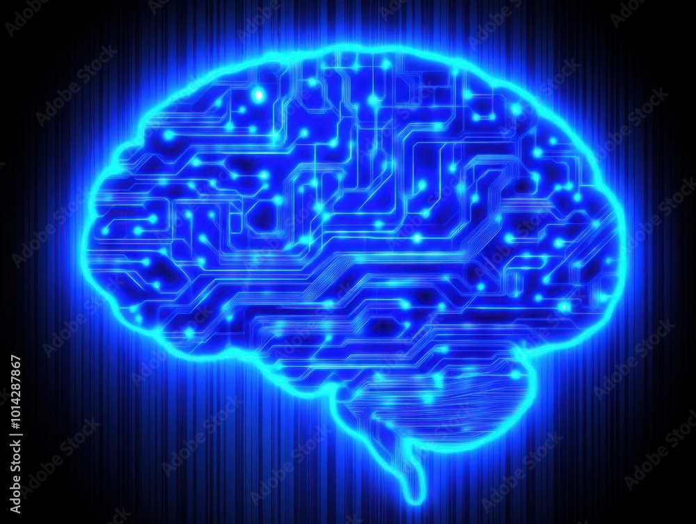 Poster glowing digital brain with techno abstract design