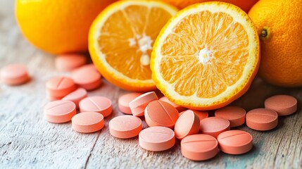 Fototapeta premium Fresh oranges with pink tablets on a wooden surface, healthy lifestyle.