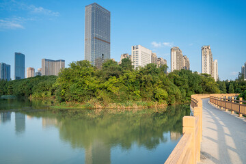 Naklejka premium Lakeside modern office building in China