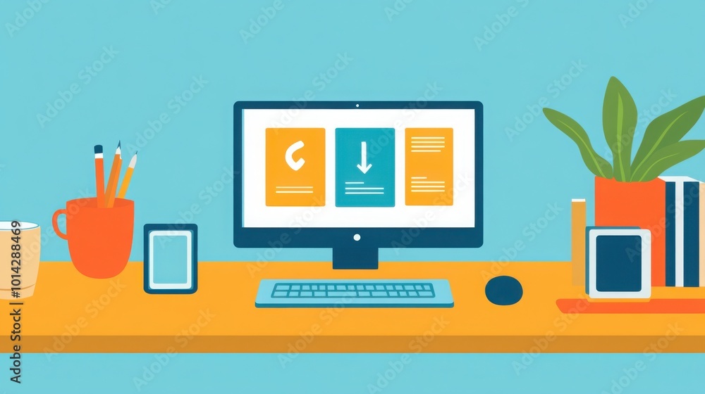 Poster office setup with devices and colorful graphics