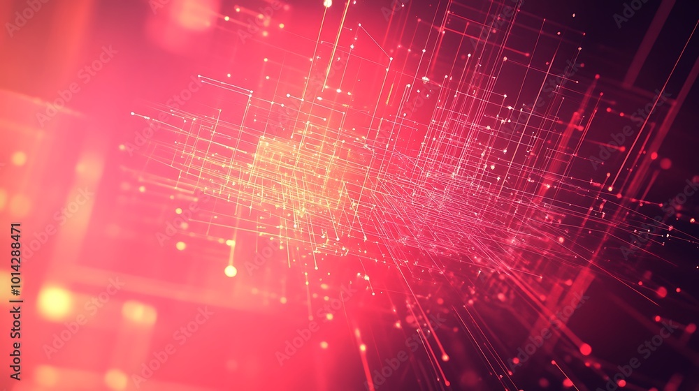 Poster Abstract red and orange lines and dots on a dark background, representing connection, technology, and digital networks.