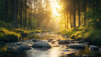 Sunlight streaming through trees over a tranquil stream in a forest during early morning