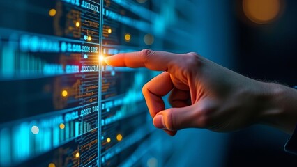 Fototapeta premium Digital Data Management: Futuristic Technology Interface with Hand Interaction for Information Access and Control