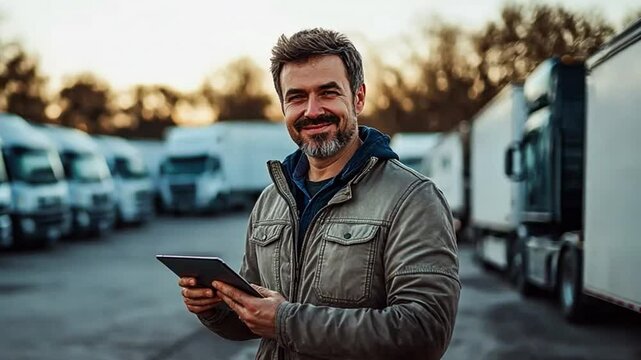Manager of a fleet of trucks, holding a tablet with assurance.