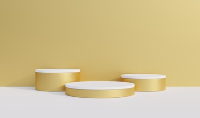 Gold and white cylindrical podium white background For displaying premium product advertisements, 3D renderings	
