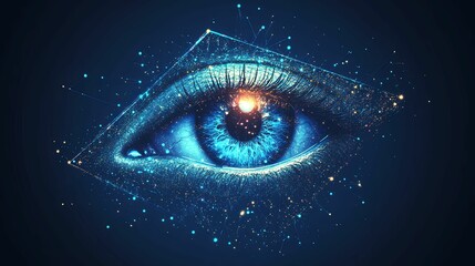 A Close-Up of a Blue Eye with a Glowing Center Surrounded by a Geometric Frame and Particles