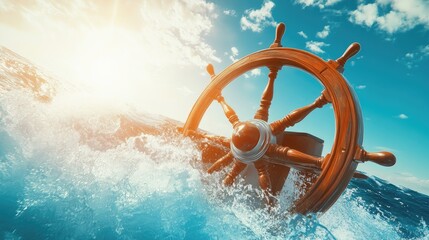 A weathered wooden ship's wheel emerges from the ocean waves, with the sun shining brightly in the blue sky.
