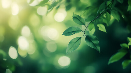Delicate green leaves glisten under soft sunlight in a serene natural setting during springtime