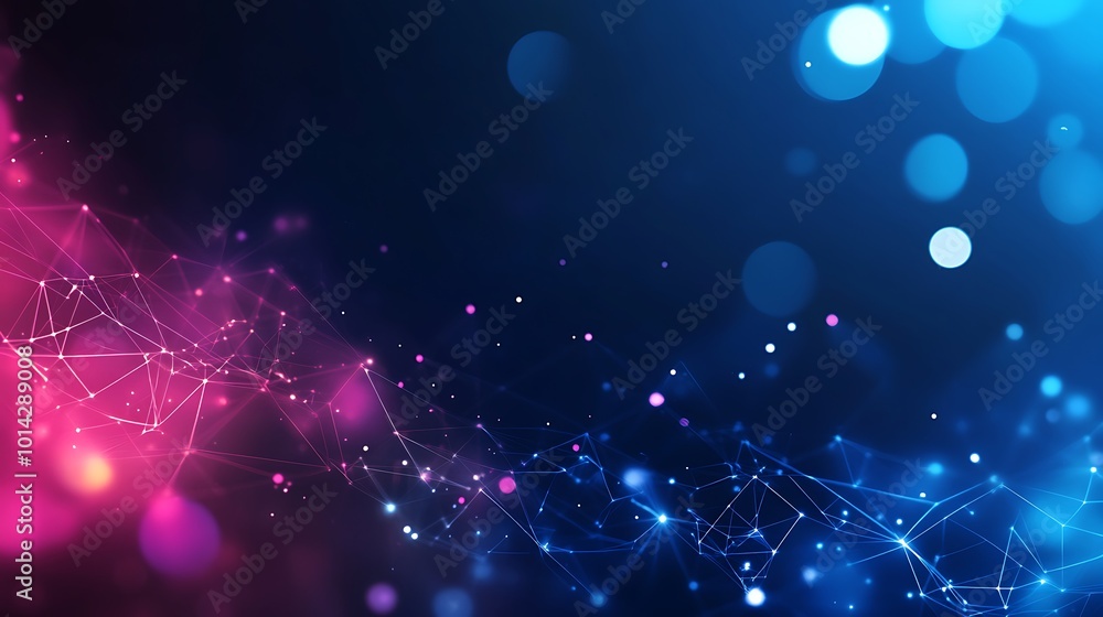 Poster abstract digital background with blue and pink glowing lights and connected lines.