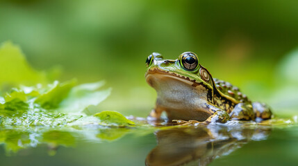 Obraz premium A green frog rests on a leaf by a calm pond surrounded by lush greenery in nature