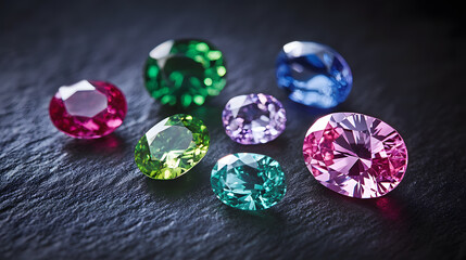 Vibrant gemstones in a range of colors and shapes, elegantly arranged on a smooth, dark surface.