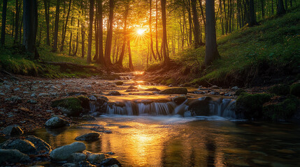 Obraz premium Sunset light filters through trees over a tranquil stream in a lush forest setting