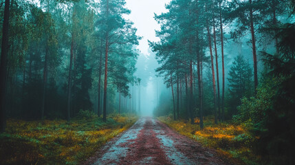 Obraz premium Foggy forest path surrounded by tall trees and vibrant undergrowth in early morning light