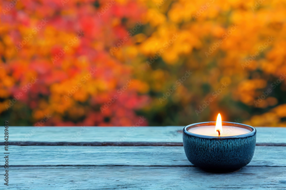 Aufkleber burning candle resting on empty table with autumn background