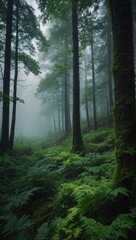 Obraz premium Dense foggy forest with ferns and moss-covered trees