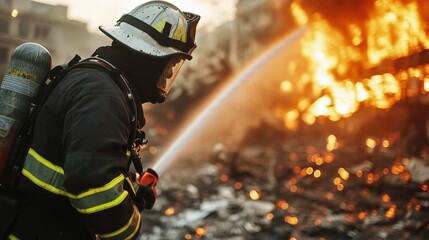 Obraz premium Firefighter Battling Blaze in Stormy Conditions