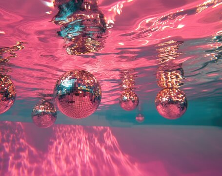 Close-up view of multiple disco balls submerged in water creating a captivating abstract composition with a dreamy, vibrant pink hue.