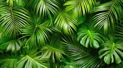 Lush green tropical foliage background with palm and monstera leaves.