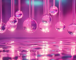 Abstract background with glass spheres reflecting light in a neon pink and blue setting.