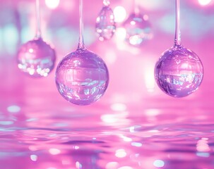 Abstract background with hanging glass orbs reflecting light on a pink surface.