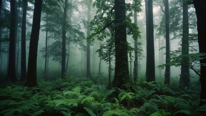 Fototapeta premium Dense fog-filled forest with tall slender fir trees and no human presence