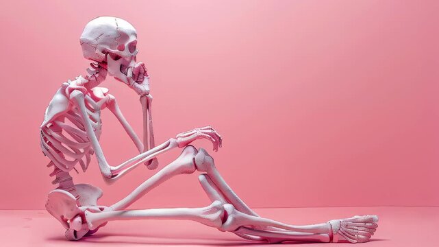 A thoughtful skeleton poses against a pastel pink backdrop, showcasing the beauty of human anatomy and art