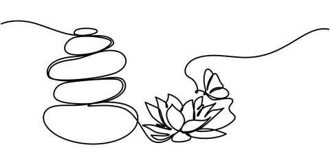 One continuous line drawing of wellness and spa treatment. stones and lotus flower with butterfly for zen and balance concept in simple linear style. Editable stroke. Doodle Vector illustration