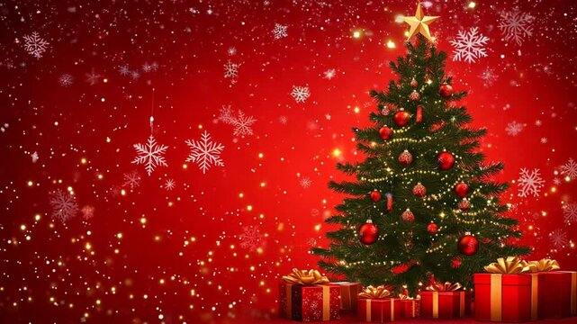 Christmas Magic: A beautifully decorated Christmas tree stands tall amidst falling snow and wrapped gifts, creating a festive and enchanting scene.