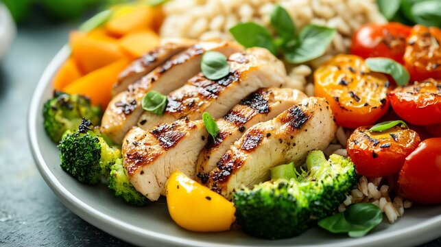 Grilled chicken with colorful vegetables and rice on a plate.