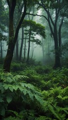 Obraz premium Dense misty forest covered with ferns and moss in ethereal light