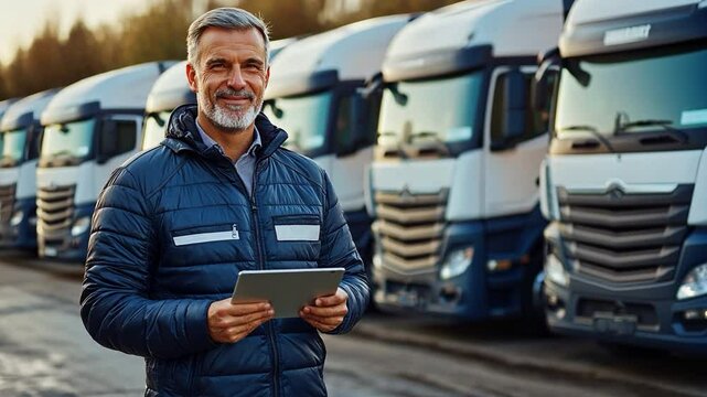 Manager of a fleet of trucks, holding a tablet with assurance.