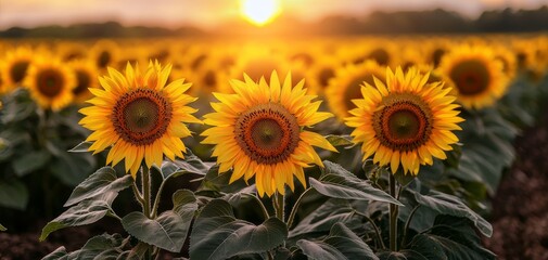 Fototapeta premium Golden Glow of Nature Close-up View of Vibrant Sunflowers in Sunset Field - Tranquil and Radiant Floral Scene for Seasonal, Summer, Agriculture Concepts