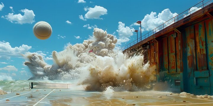 Tennis Ball Hitting Court Line with Dust, Action Shot