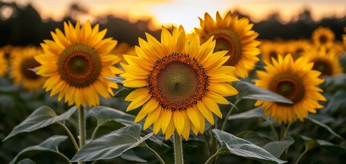 Golden Sunset Serenity Closeup of Vibrant Sunflower Field, Warm Tones, Romantic Nature Background for Wall Art or Greeting Cards