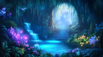 Fototapeta premium Mystic underground: enchanting dark fantasy dungeon with bioluminescent plants and underground river. Hidden Waterway. Illustration