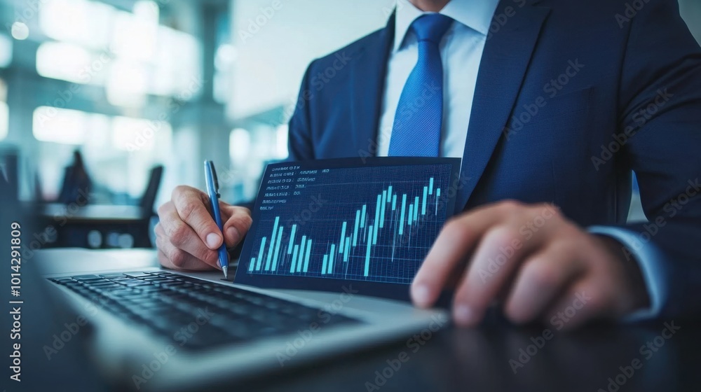 Poster consultant analyzing data on laptop with graphs