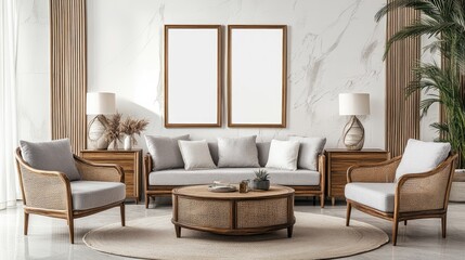 Modern living room interior design with a gray sofa, two armchairs, a wooden coffee table, two lamps, and two empty picture frames on a marble wall.